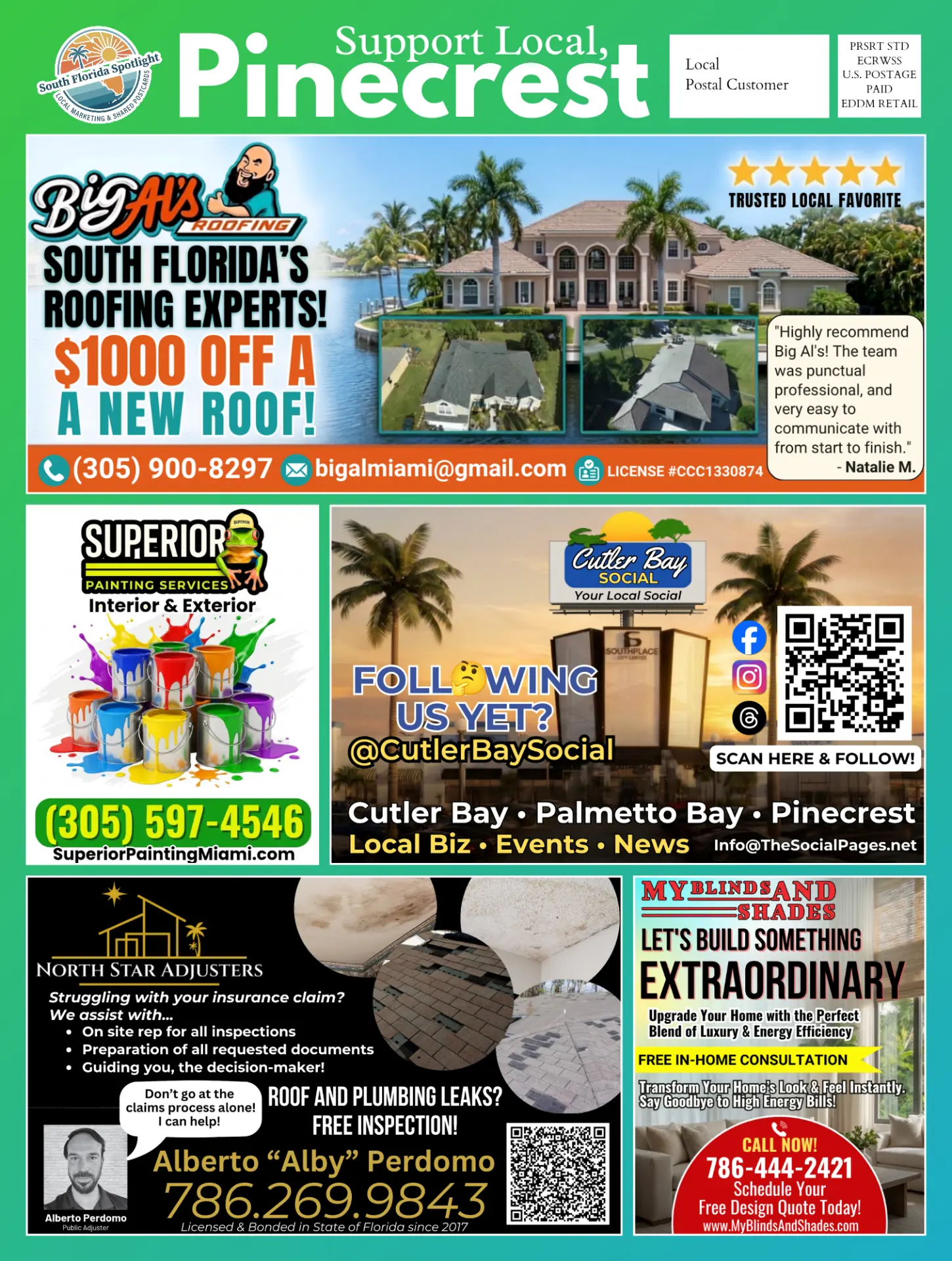 Front of the August 2026 South Florida Spotlight postcard featuring local businesses