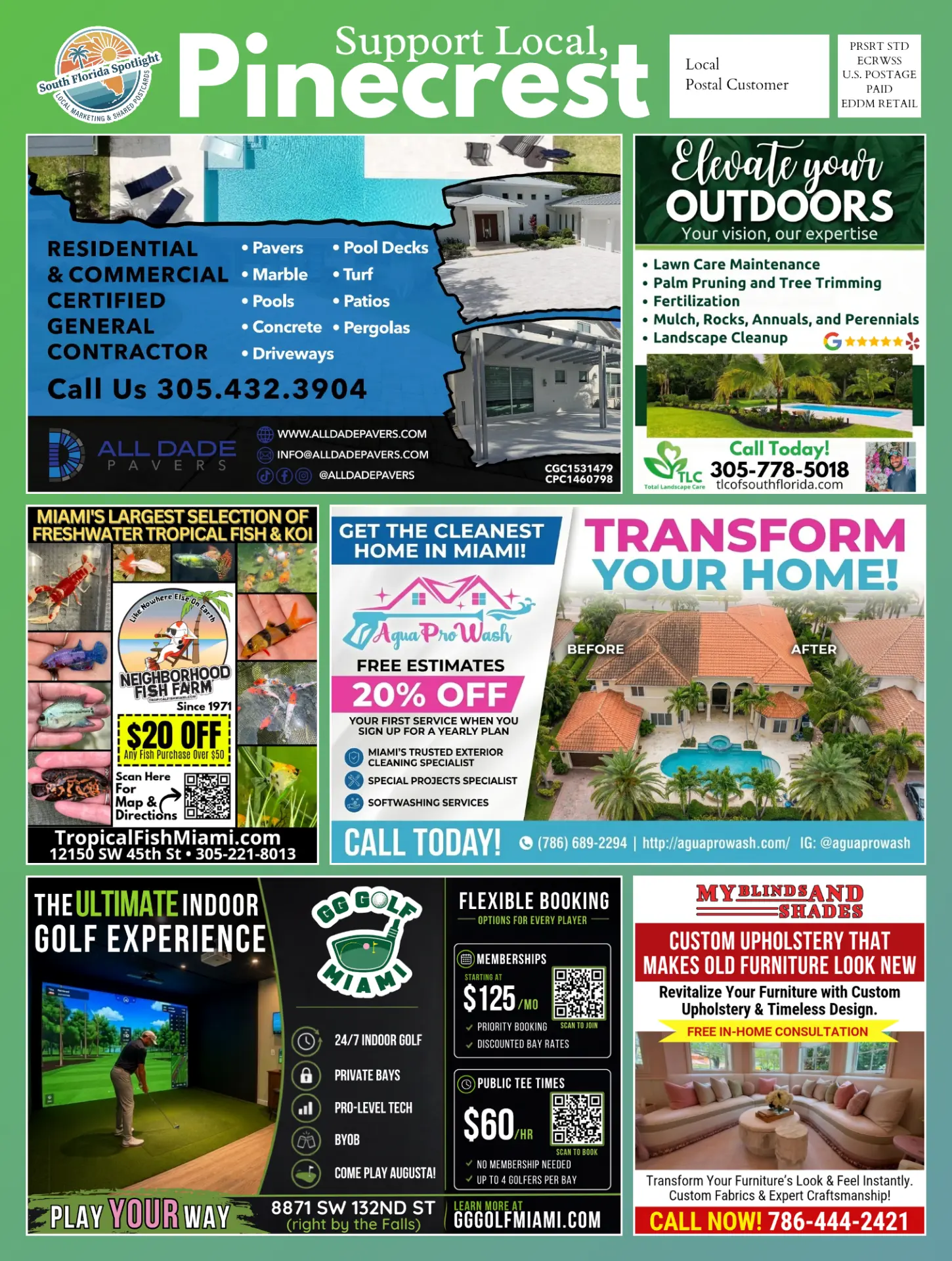 Back of the August 2026 South Florida Spotlight postcard with local business listings